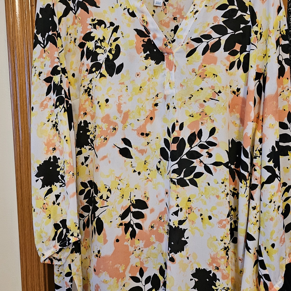 Floral V-Neck Blouse - Black, Yellow, Orange